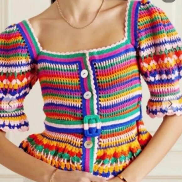 NWOT Rare Farm Rio Stripe Multicolor Crochet Cotton Blend Sweater/Top S $240 - Picture 6 of 11